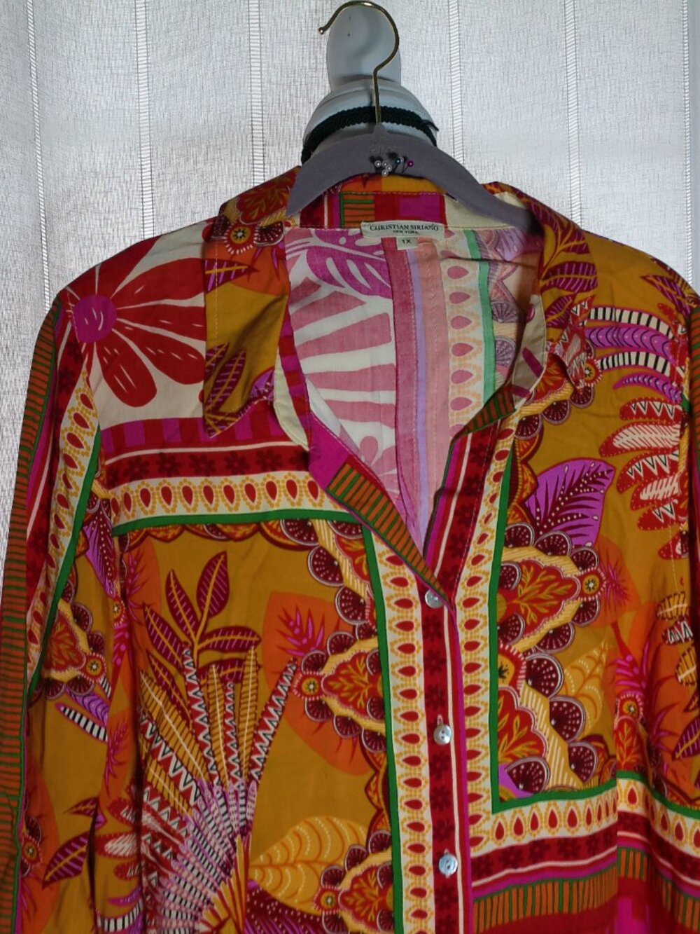 CHRISTIAN SIRIANO NWOT Elbow Sleeve Collared Button-Up Tropical Design Blouse 1X - Picture 2 of 10